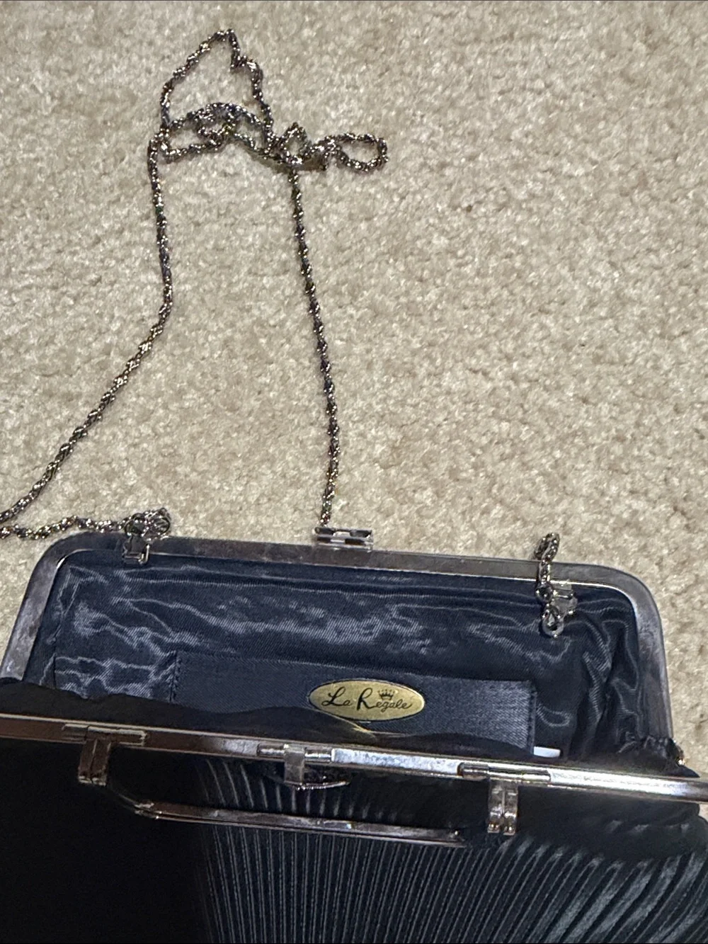 La Regale Black Pleated Frame Wristlet Clutch with Silver Hardware